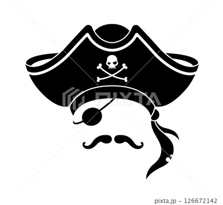 Photo booth mask with pirate tricorn hat and eye patch, skull crossbones, moustaches and feathers. Isolated vector black corsair sailor face silhouette, swashbuckling skipper, captain costume template 126672142