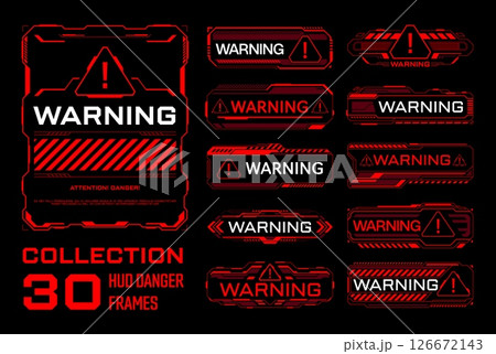 Red warning and danger HUD frames set, vector game UI. Futuristic cyber tech digital screen interface warning, alert and danger caution HUD frames with red hologram borders, attention triangle signs 126672143