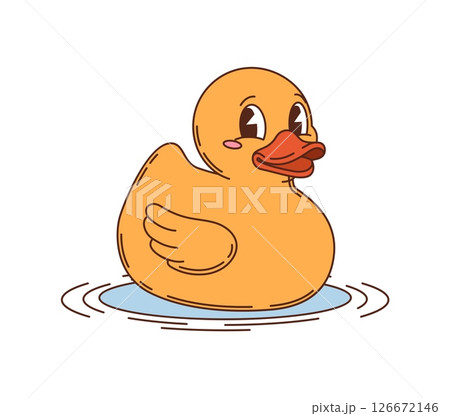 Retro cartoon groovy rubber duck kids toy character. Isolated vector cute and cheerful duckling floating on water with a happy expression. Toy for children bath time games and fun aquatic activities 126672146