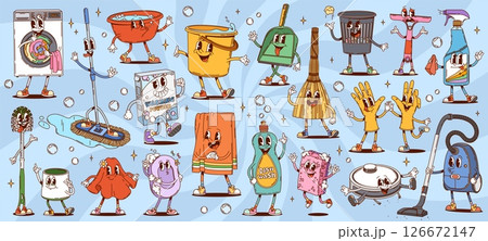 Groovy cleaning, washing and household characters of vector housekeeping tools and supplies. Funny retro bucket, broom and mop, soap, gloves and sponge. Groovy washing machine and vacuum characters Groovy cleaning, washing and household characters of vector housekeeping tools and supplies. Funny retro bucket, broom and mop, soap, gloves and sponge. Groovy washing machine and vacuum characters 126672147