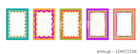 Color groovy scallop Y2K frames and borders with wavy shape pattern edges, vector backgrounds. Groovy scallop frames of rectangle shape with retro wave borders design for picture photo photoframe Color groovy scallop Y2K frames and borders with wavy shape pattern edges, vector backgrounds. Groovy scallop frames of rectangle shape with retro wave borders design for picture photo photoframe 126672156