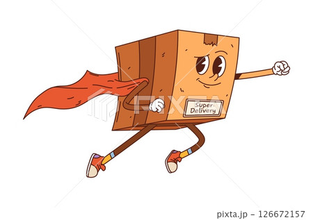 Cartoon groovy delivery cardboard box superhero character. Vector post service or express shipping retro personage wearing red cape and sneakers. Isolated funny parcel, pack flying with confidence Cartoon groovy delivery cardboard box superhero character. Vector post service or express shipping retro personage wearing red cape and sneakers. Isolated funny parcel, pack flying with confidence 126672157