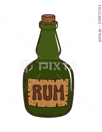 Cartoon groovy pirate and corsair rum bottle, retro green glass flask with cork stopper, rugged emblem and narrow neck. Isolated vector alcohol drink bottle holds the essence of daring adventures Cartoon groovy pirate and corsair rum bottle, retro green glass flask with cork stopper, rugged emblem and narrow neck. Isolated vector alcohol drink bottle holds the essence of daring adventures 126672161