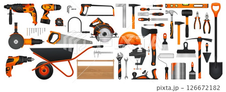 Construction DIY tools set of vector repair work, building and carpentry hardware kit. Hammer, screwdriver, saw and paint, wrench, drill, toolbox and spanner. DIY repair work hand tools and equipment Construction DIY tools set of vector repair work, building and carpentry hardware kit. Hammer, screwdriver, saw and paint, wrench, drill, toolbox and spanner. DIY repair work hand tools and equipment 126672182