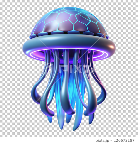 3d cartoon futuristic cyberpunk jellyfish illustration, neon glowing tentacles, bioluminescent deep sea creature, sci-fi aquatic alien, isolated on transparent background 126672187