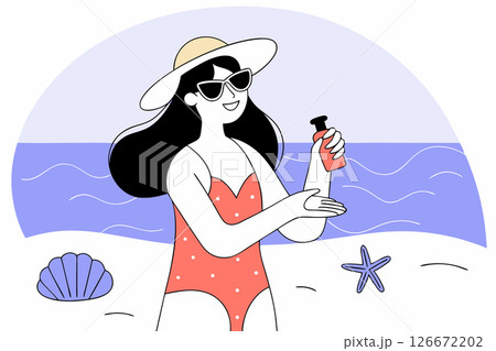 Summer skincare routine, relaxed woman applying sunscreen near ocean, flat vector illustration 126672202