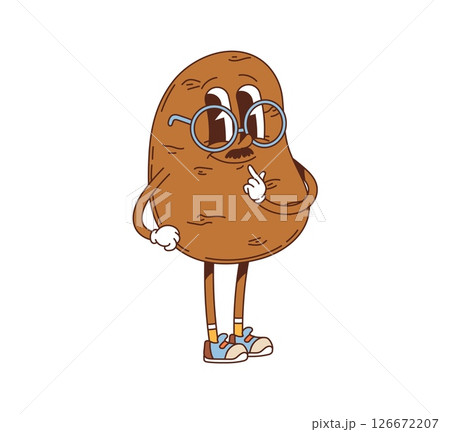 Groovy potato vegetable character in eyeglasses with funny face, vector cartoon personage. Groovy potato old man character with mustaches, glasses and hipster shoes in retro cartoon for food emoji Groovy potato vegetable character in eyeglasses with funny face, vector cartoon personage. Groovy potato old man character with mustaches, glasses and hipster shoes in retro cartoon for food emoji 126672207