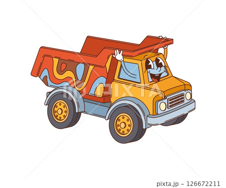 Retro cartoon groovy dump truck kids toy character with smiling face, wavy shapes in orange, yellow and blue. Isolated vector cheerful vehicle exudes playful, vintage fun, ready for children fun games Retro cartoon groovy dump truck kids toy character with smiling face, wavy shapes in orange, yellow and blue. Isolated vector cheerful vehicle exudes playful, vintage fun, ready for children fun games 126672211