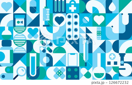 Healthcare medicine geometric pattern. Vector modular tile background with pills, syringe, bandage, thermometer, test tube, bottle, heart and cross icons arranged in abstract shapes in blue and green Healthcare medicine geometric pattern. Vector modular tile background with pills, syringe, bandage, thermometer, test tube, bottle, heart and cross icons arranged in abstract shapes in blue and green 126672232