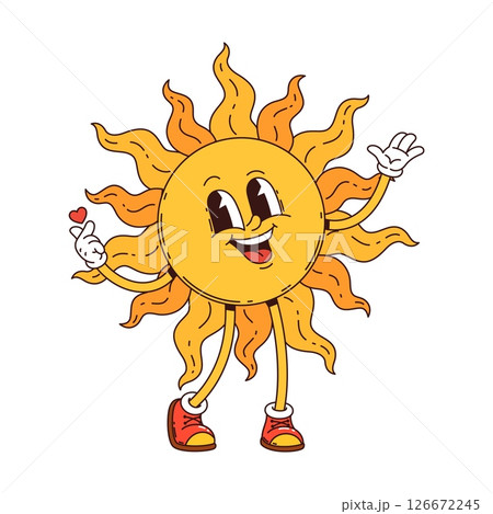 Cartoon groovy Wild west western sun character. Isolated vector sunny retro personage with big, joyful smile, vibrant rays beaming, arms outstretched, exude positive summer vibes, warmth and happiness 126672245