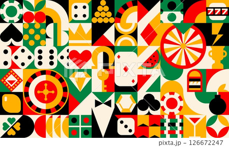 Casino poker gambling game geometric pattern with cards, chips, dice, roulette and gambling icons. Abstract retro layout featuring diamonds, hearts, spades, club suits, jackpot, wheel and martini Casino poker gambling game geometric pattern with cards, chips, dice, roulette and gambling icons. Abstract retro layout featuring diamonds, hearts, spades, club suits, jackpot, wheel and martini 126672247