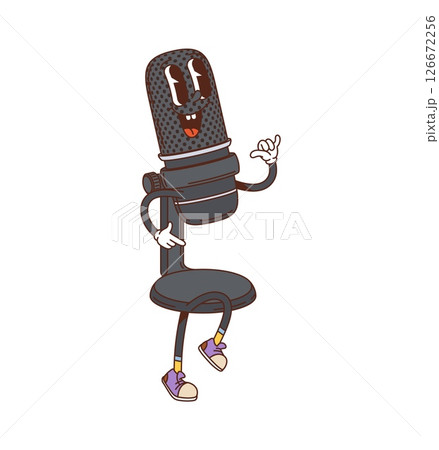 Cartoon groovy computer microphone retro character. Isolated vector vintage, playful sound equipment personage with sneakers, happy face and joyful expression and making shaka sign Cartoon groovy computer microphone retro character. Isolated vector vintage, playful sound equipment personage with sneakers, happy face and joyful expression and making shaka sign 126672256