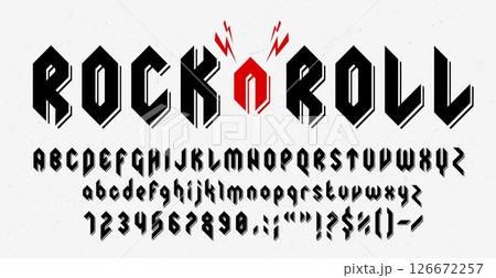 Hard rock metal font, music heavy band typeface, punk tattoo type, strong abc alphabet vector typography. Rock and roll or black metal music font letters and numbers with red lightnings, tattoo type Hard rock metal font, music heavy band typeface, punk tattoo type, strong abc alphabet vector typography. Rock and roll or black metal music font letters and numbers with red lightnings, tattoo type 126672257