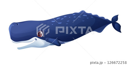 Cartoon whale character, sea animal. Isolated vector cute smiling blue sperm whale with big eyes and small fins, textured skin and tail, side view. Funny ocean marine creature Inhabit deep ocean water 126672258