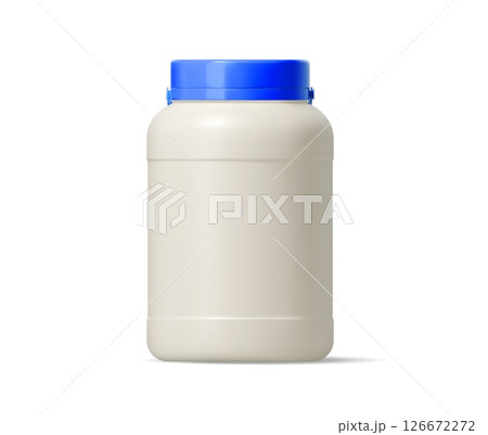 Mayonnaise sauce plastic container package. Protein powder jar, detergent or hygiene soap plastic bottle realistic vector mock up. Mayonnaise sauce plastic container, food product isolated 3d package 126672272