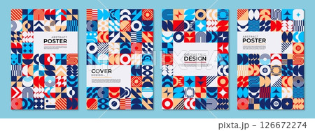 Abstract posters with geometric shapes and modern pattern, vector backgrounds. Trendy posters with minimal simple shapes and geometric mosaic pattern for creative banners layout and cover design 126672274