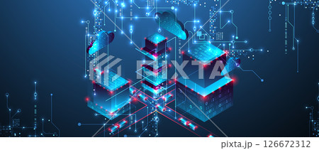 Digital circuit visualization vector background.  Blue board pattern with interconnected lines, nodes, and binary code. 126672312