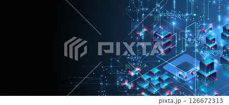 Digital circuit visualization vector background. Blue board pattern with interconnected lines, nodes, and binary code. Digital circuit visualization vector background. Blue board pattern with interconnected lines, nodes, and binary code. 126672313
