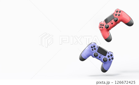 Realistic colorful video game joysticks or gamepads with color buttons on white 126672425