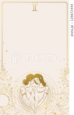 Gemini zodiac sign on beige aesthetic background with copy space, astrological symbols, modern horoscope chart. Mystical hand drawn vector illustration. 126672444