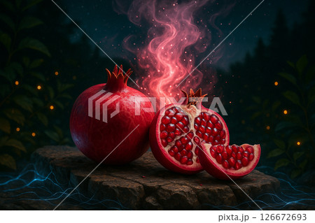Pomegranate Beauty on Natural Stone at Night Pomegranate Beauty on Natural Stone at Night 126672693