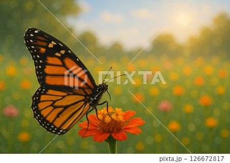 Male monarch butterfly on flower in meadow 126672817