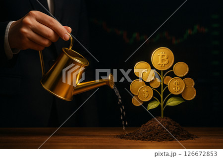 Golden Watering Can Nurturing Money Tree 126672853