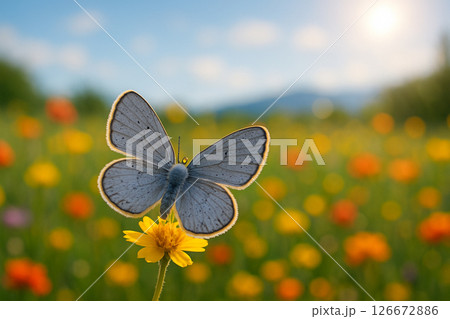 Leona's Little Blue butterfly on flower in meadow 126672886