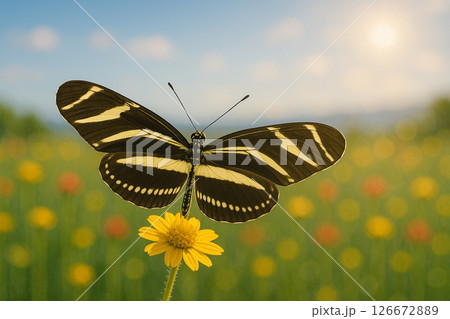 Zebra Longwing butterfly on flower in meadow 126672889