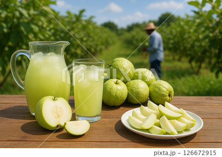 Guava juice and fruits on table orchard harvest 126672915