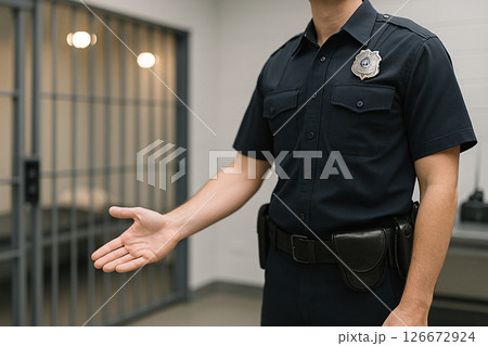 Police officer gesturing toward jail cell Police officer gesturing toward jail cell 126672924
