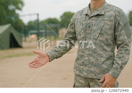 Soldier Gesturing To Enter With Military Camp 126672940