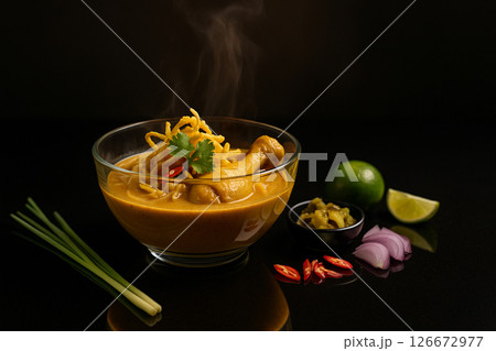 Khao Soi Chicken In Glass Bowl On Black Table 126672977