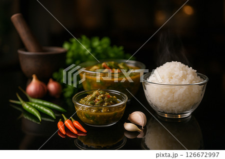 Thai local food set on black glass table 126672997