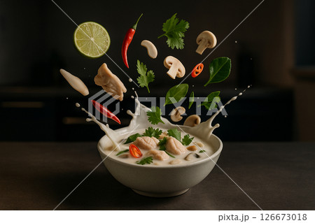 chicken tom kha ingredients explode in kitchen chicken tom kha ingredients explode in kitchen 126673018