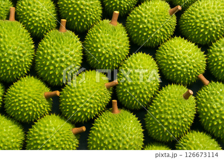 AI generated top view of fresh durians with water droplets under bright daylight showcasing vivid color and clean texture ideal for food market and freshness concept AI generated top view of fresh durians with water droplets under bright daylight showcasing vivid color and clean texture ideal for food market and freshness concept 126673114