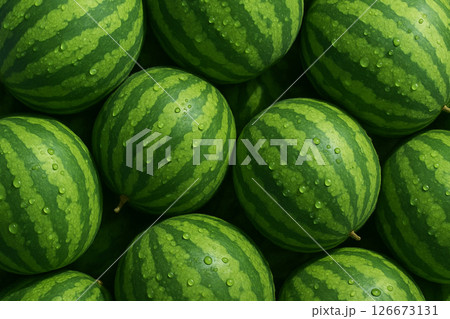 AI generated top view of ripe green watermelons with vivid stripes and water droplets under bright daylight reflecting freshness cleanliness and natural juiciness AI generated top view of ripe green watermelons with vivid stripes and water droplets under bright daylight reflecting freshness cleanliness and natural juiciness 126673131