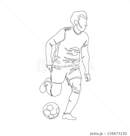 Soccer, football player kicking ball, footballer shoots and scores a goal, a player selebrating the victory isolated vector one line silhouette Soccer, football player kicking ball, footballer shoots and scores a goal, a player selebrating the victory isolated vector one line silhouette 126673230
