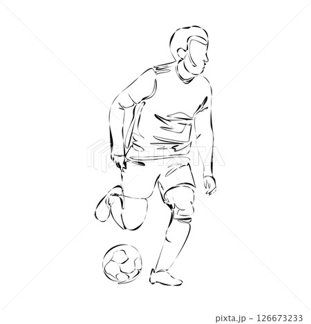 Soccer, football player kicking ball, footballer shoots and scores a goal, a player selebrating the victory isolated vector one line silhouette Soccer, football player kicking ball, footballer shoots and scores a goal, a player selebrating the victory isolated vector one line silhouette 126673233