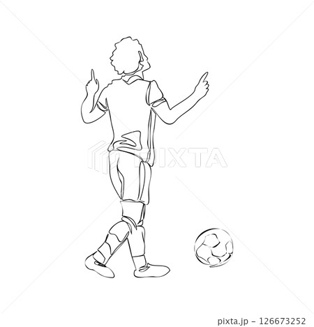 Soccer, football player kicking ball, footballer shoots and scores a goal, a player selebrating the victory isolated vector one line silhouette 126673252