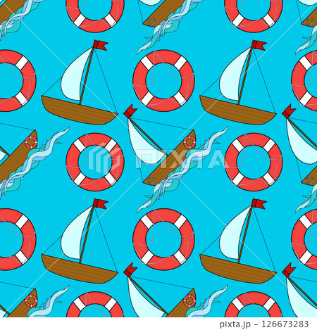 Seamless summer nautical cartoon pattern with sailboats, life buoys, ocean waves on blue background. For summertime, maritime and sea clothing design, bedding, wrapping paper, and nursery wallpaper. Seamless summer nautical cartoon pattern with sailboats, life buoys, ocean waves on blue background. For summertime, maritime and sea clothing design, bedding, wrapping paper, and nursery wallpaper. 126673283
