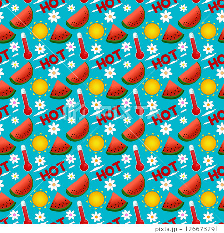 Seamless summer pattern with vector watermelon, sun, thermometers, clouds, flowers and HOT text on blue background. For Summertime, food, dessert, fruit design, or National Watermelon Day celebration. 126673291
