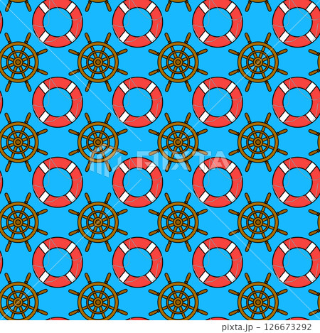 Seamless summer nautical cartoon pattern with steering wheels, and life buoys on blue background. For summertime, maritime and sea clothing design, bedding, wrapping paper, and nursery wallpaper. Seamless summer nautical cartoon pattern with steering wheels, and life buoys on blue background. For summertime, maritime and sea clothing design, bedding, wrapping paper, and nursery wallpaper. 126673292