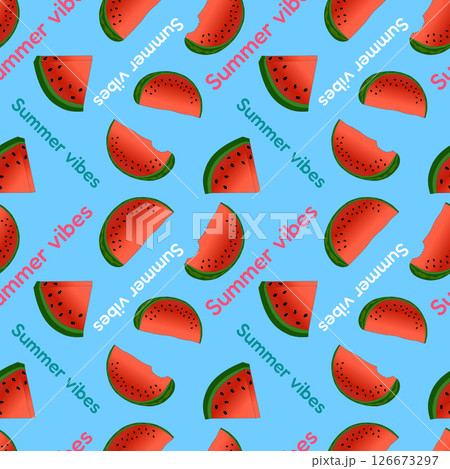 Seamless pattern Summer vibes vector illustration of Watermelon slices on a blue background. Appetizing juicy berry. For Summertime, food, dessert, fruit design, or National Watermelon Day celebration 126673297