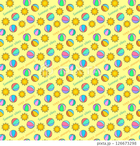 Vector seamless summer cartoon pattern with suns, sunbeams, and beach balls on yellow background. For summertime, sports clothing and garments design, bedding, wrapping paper, and nursery wallpaper. Vector seamless summer cartoon pattern with suns, sunbeams, and beach balls on yellow background. For summertime, sports clothing and garments design, bedding, wrapping paper, and nursery wallpaper. 126673298
