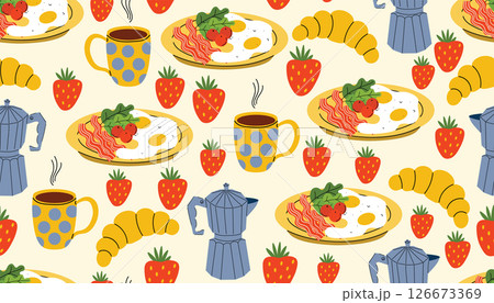 Seamless cartoon flat pattern with fried eggs and bacon, coffee maker and coffee cup, strawberries and croissants. 126673369