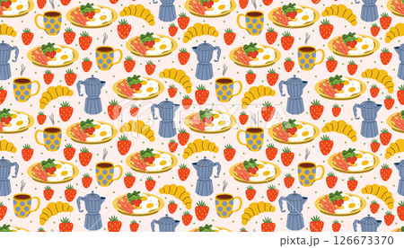 Fun seamless pattern in flat cartoon style featuring plates with eggs and bacon, coffee makers, strawberries, croissants, and hot coffee. 126673370