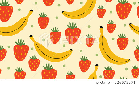 Seamless pattern with bright strawberries and bananas in cartoon flat style. 126673371