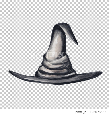 Witch hat. Big pointed black old dented hat. Headdress. Witchcraft accessory. Halloween decor. Watercolor illustration without background. Hand drawing. High quality illustration Witch hat. Big pointed black old dented hat. Headdress. Witchcraft accessory. Halloween decor. Watercolor illustration without background. Hand drawing. High quality illustration 126673386