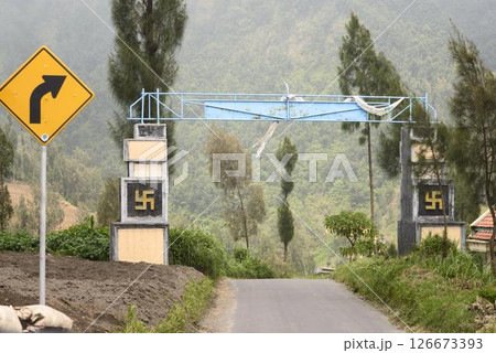 Trynian Village Entrance Gate with Hindu Swastika in Bali 126673393